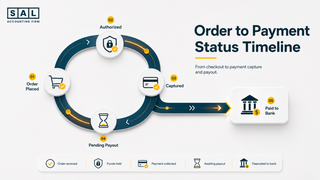 Shopify order payment timeline showing order placed, authorized, captured, pending payout, and paid to bank