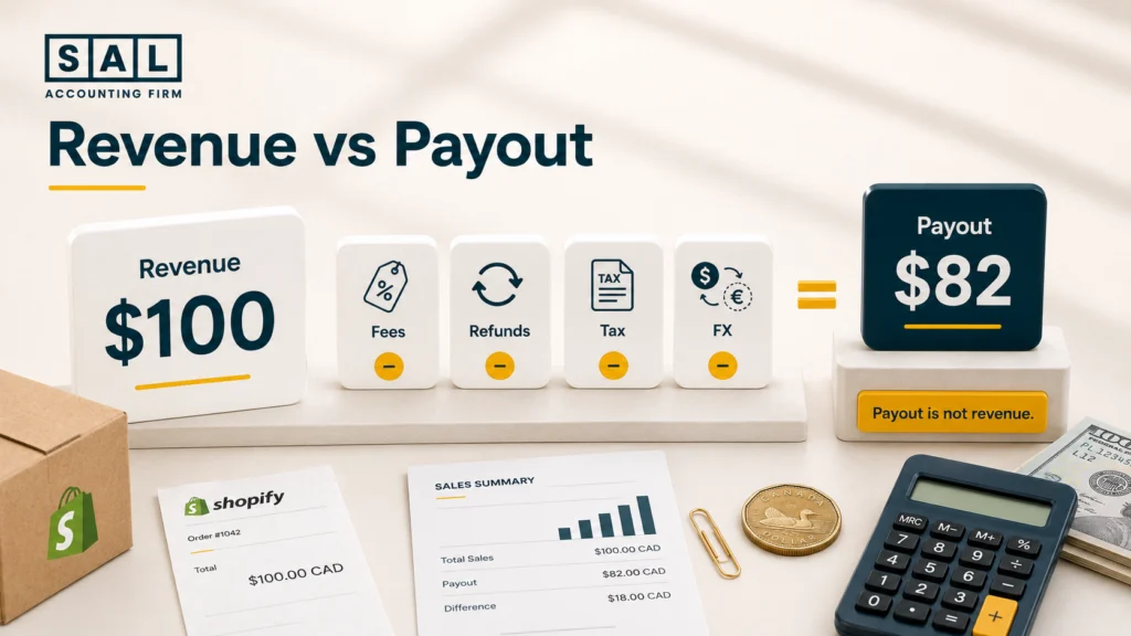 Shopify revenue of 0 reduced by fees, refunds, tax, and foreign exchange to an bank payout