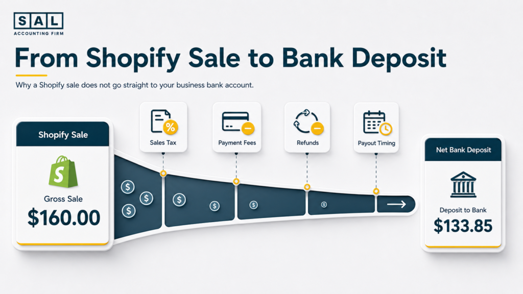 Shopify sale to bank deposit flow showing sales tax, fees, refunds, payout timing, and net bank deposit