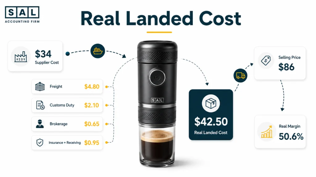 Supplier cost compared with the full landed cost and real product margin of an ecommerce product