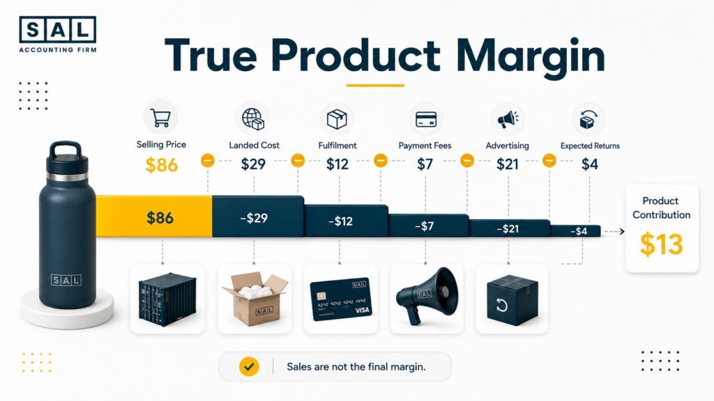 Ecommerce product margin after landed cost, fulfilment, payment fees, advertising, and expected returns