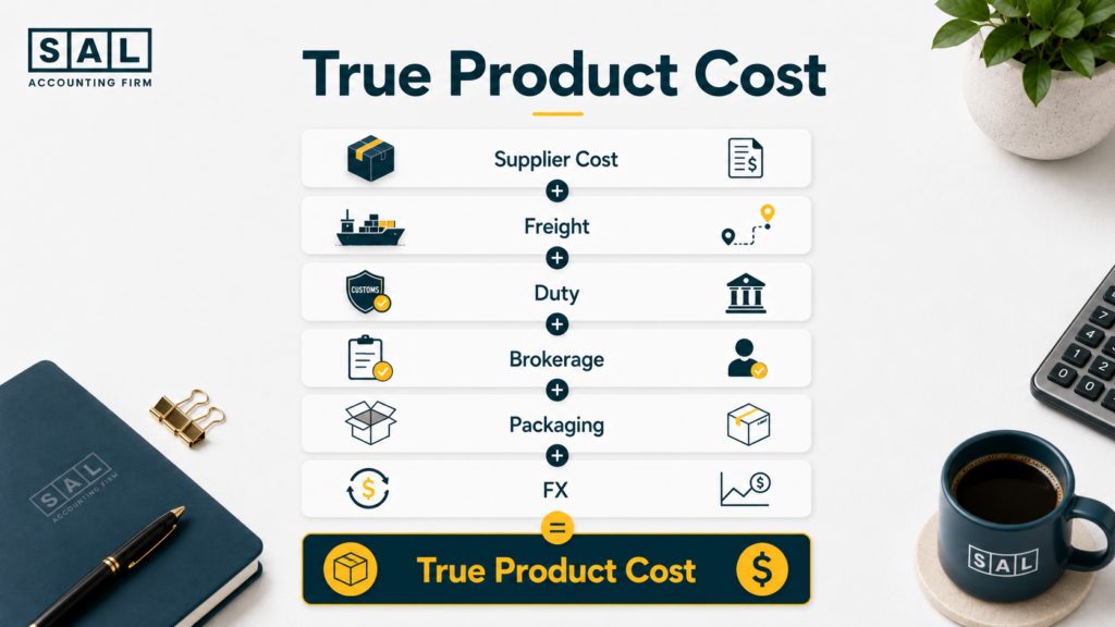 True ecommerce product cost breakdown showing supplier cost, freight, duty, brokerage, packaging, FX, and landed cost.