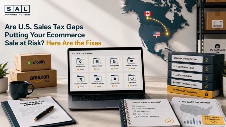 Canadian ecommerce seller reviewing Shopify, Amazon, FBA, and U.S. sales tax records before buyer due diligence.
