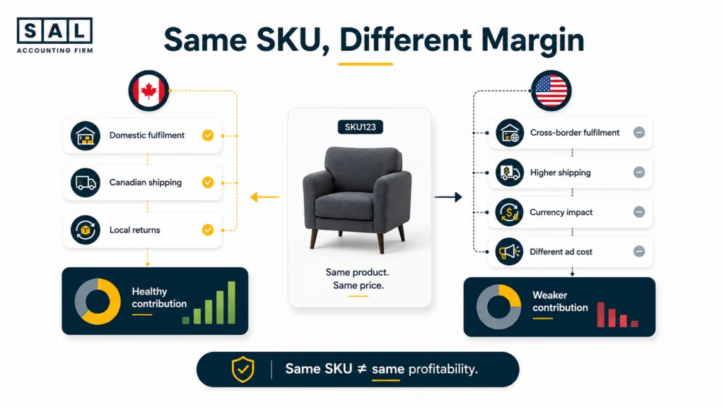 Same ecommerce product showing different profitability in Canada and the US due to fulfilment, shipping, currency, and ad costs