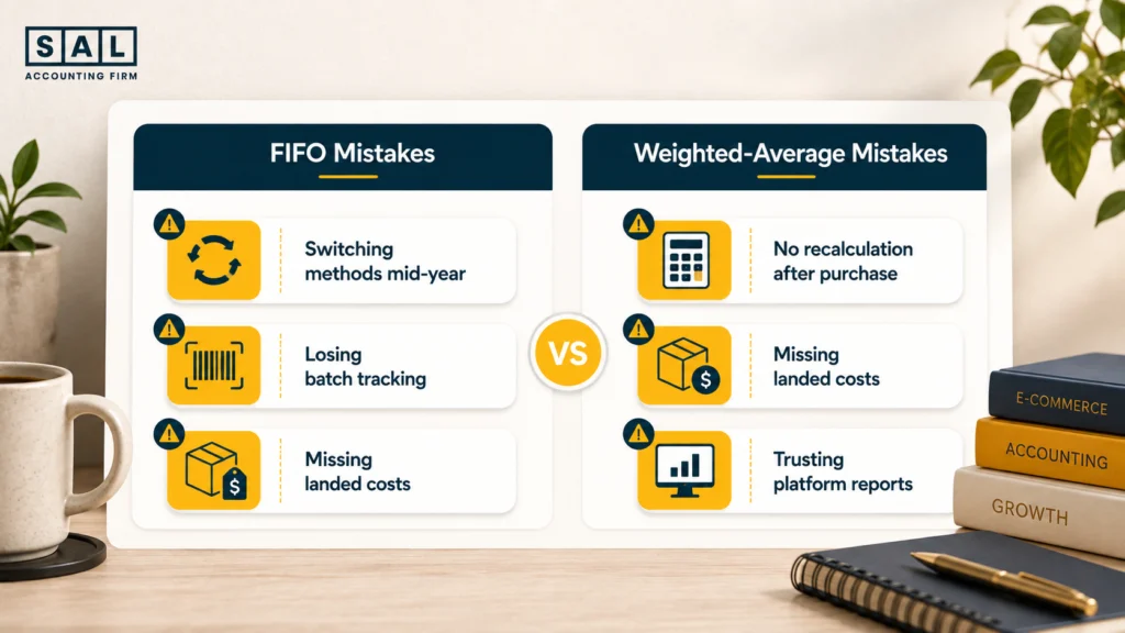 Two-column infographic listing common FIFO inventory costing mistakes, such as losing track of batches and missing landed costs, next to common weighted-average mistakes like skipping average recalculations