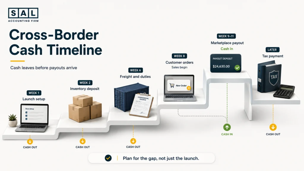 Cross-border ecommerce cash timeline showing expenses paid before customer sales and marketplace payouts arrive.
