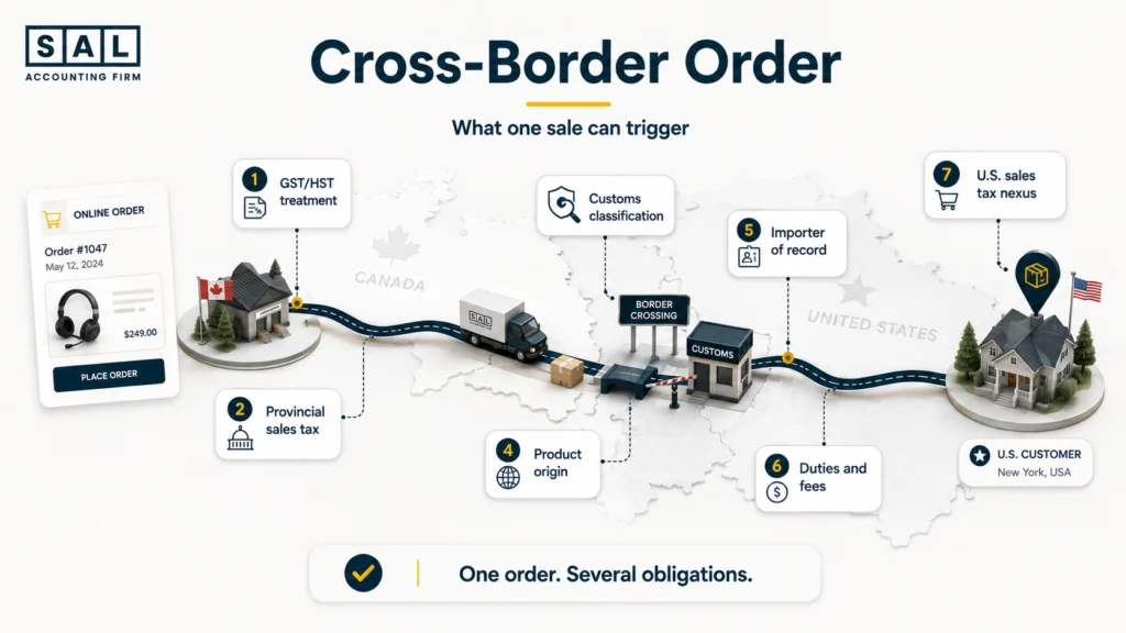 Tax and customs obligations that may arise when a Canadian ecommerce order is shipped to a U.S. customer
