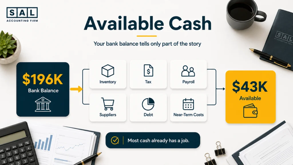 An ecommerce bank balance reduced by inventory, tax, payroll, supplier, debt, and operating commitments to show the cash actually available.