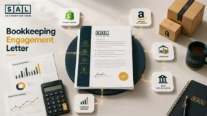 Ecommerce bookkeeping engagement letter surrounded by Shopify, Amazon, inventory, and financial reporting documents