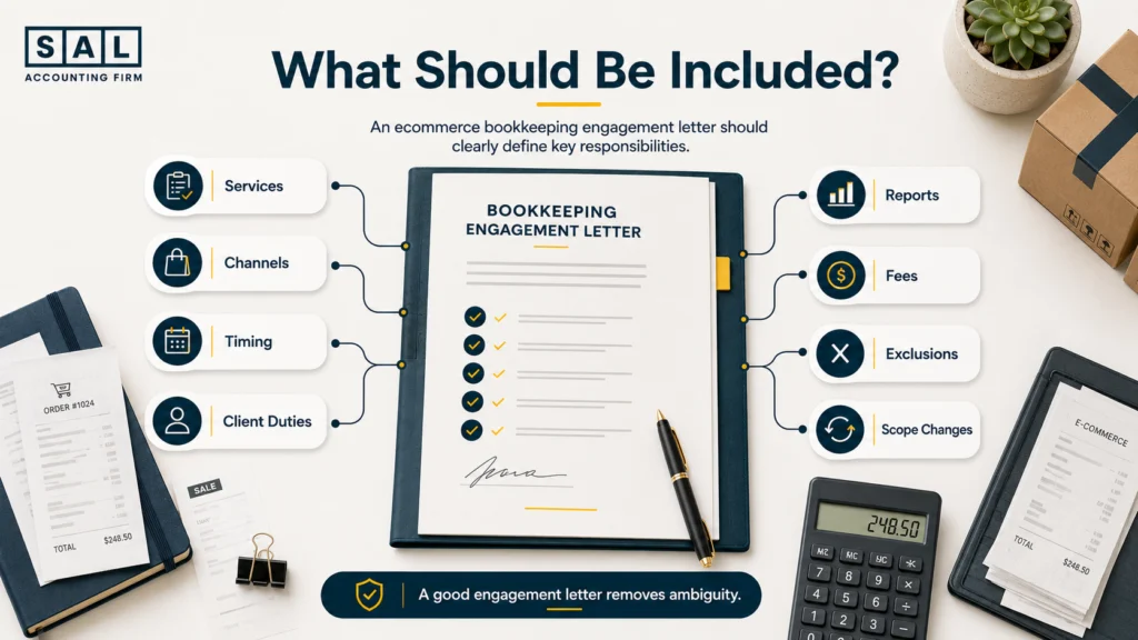 What an ecommerce bookkeeping engagement letter should include, covering services, channels, timing, reports, fees, exclusions, and scope changes