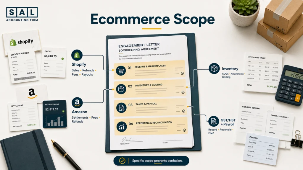 Ecommerce bookkeeping scope covering Shopify reconciliation, Amazon settlements, inventory and COGS, GST HST, and payroll responsibilities