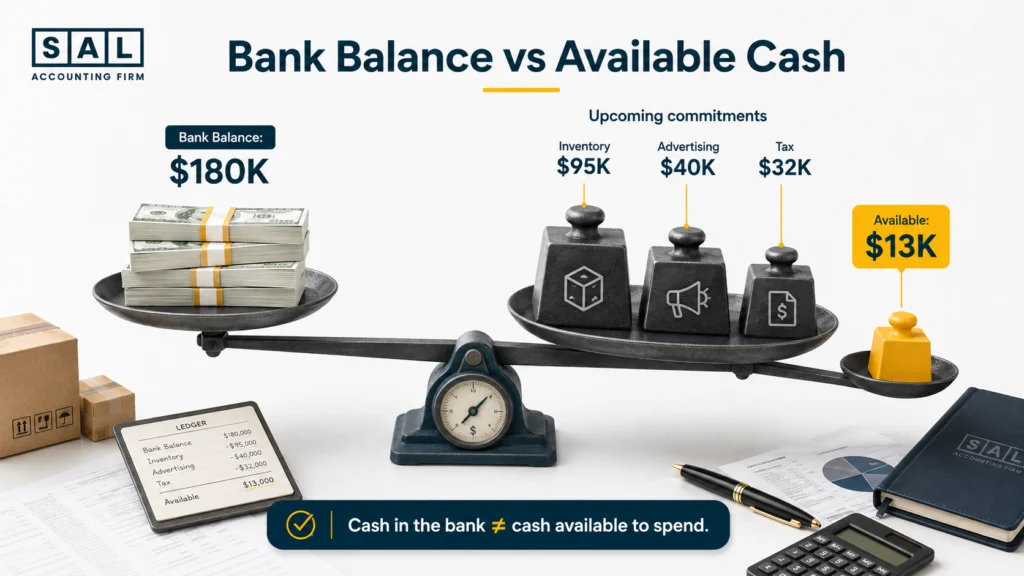 Ecommerce cash flow example showing 0K bank balance reduced by inventory, advertising, and tax commitments