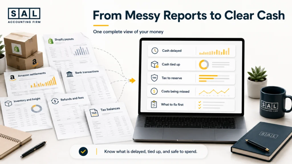 Shopify, Amazon, banking, inventory and tax reports combined into a clear ecommerce cash-flow picture.