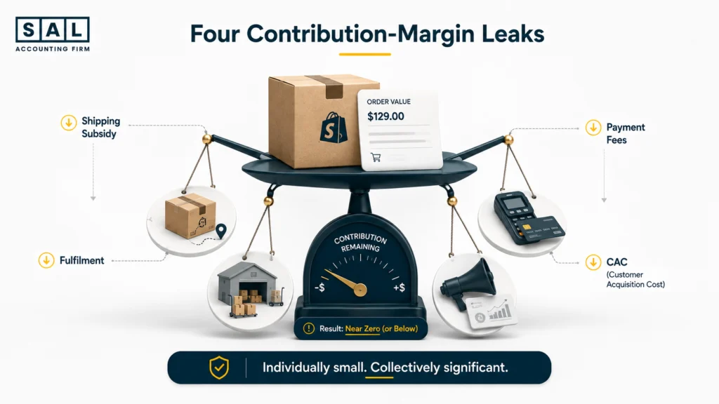 Four ecommerce contribution margin leaks from shipping, fulfilment, payment fees, and customer acquisition cost
