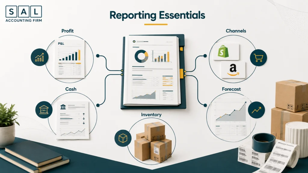 Ecommerce reporting stack connecting sales channels, accounting connectors, accounting software, and reporting tools