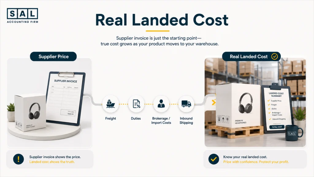 Real landed cost of an ecommerce product including supplier cost, freight, duties, and inbound shipping