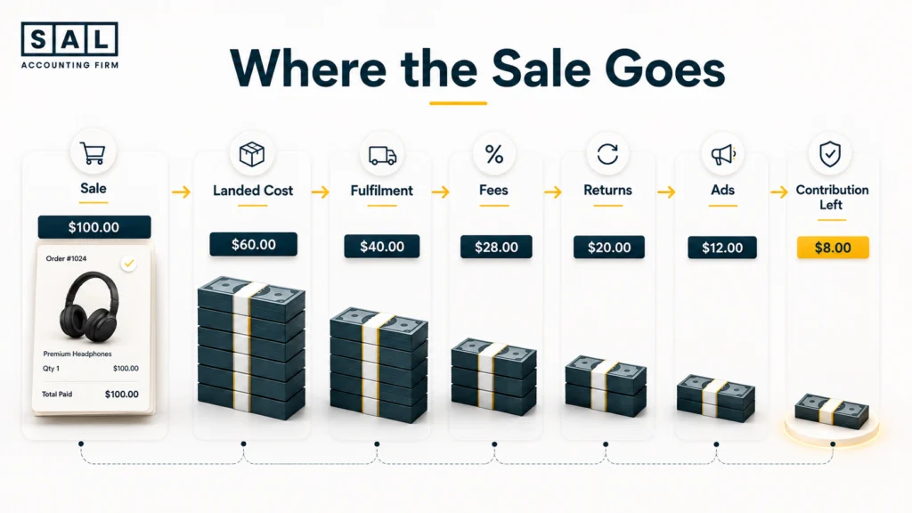 Ecommerce product sale broken down into landed cost, fulfilment, fees, returns, ads, and contribution margin