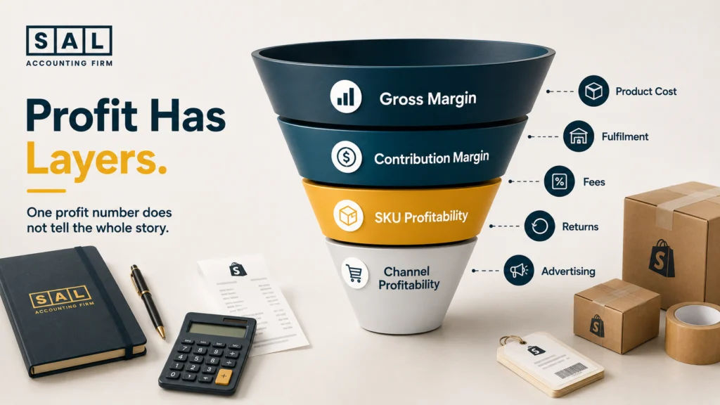 Ecommerce profitability layers from gross margin and contribution margin to SKU and channel profitability