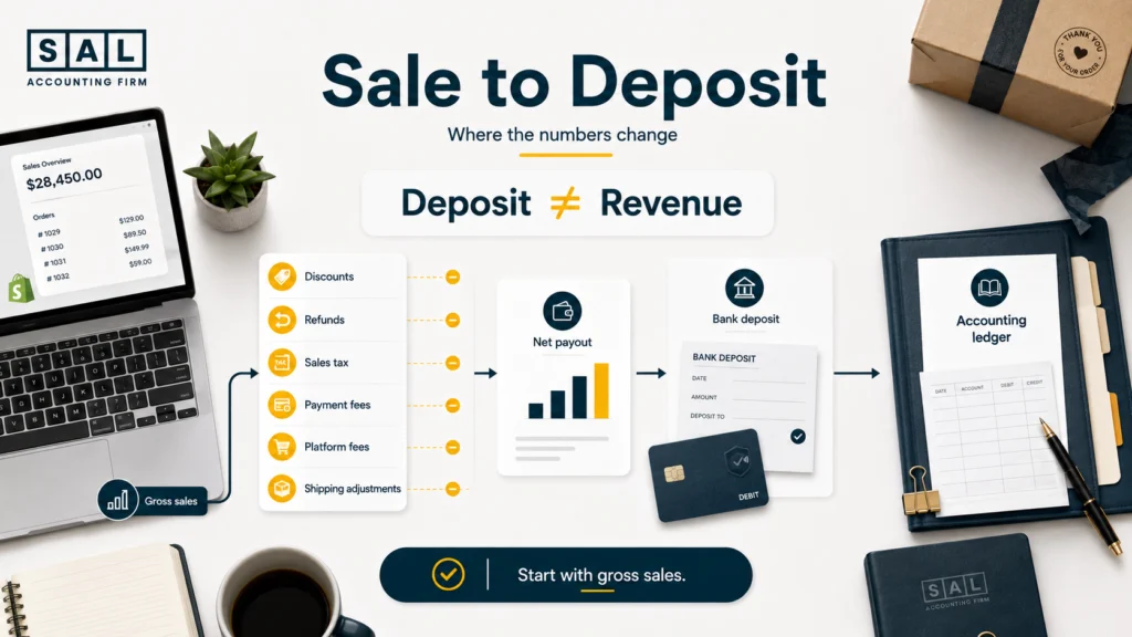 Ecommerce gross sales reduced by refunds, taxes, platform fees, and payment fees before reaching the bank