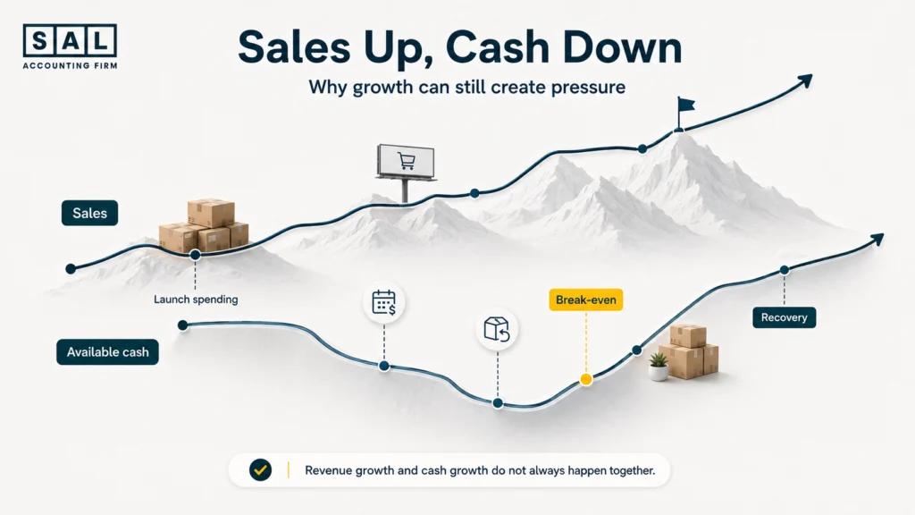 Ecommerce bank balance divided between operating cash, GST/HST, U.S. sales tax and income tax.