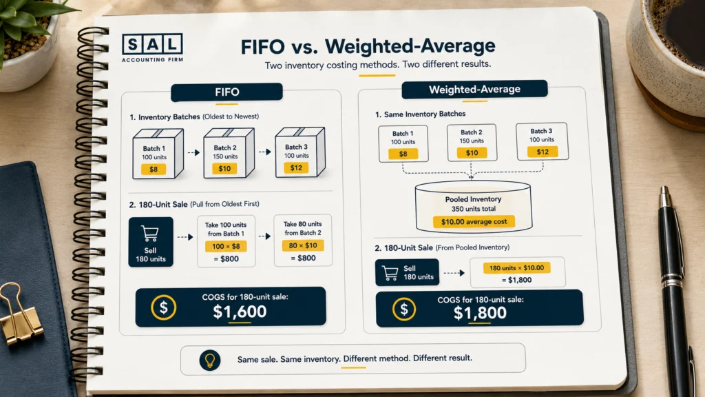 Side-by-side diagram comparing FIFO and weighted-average cost calculations using three inventory batches, showing a ,600 COGS result under FIFO versus ,800 under weighted-average for a 180-unit sale
