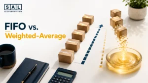 Illustration of shipping boxes splitting into two paths, one lined up in order and one merging into a pool, representing FIFO vs weighted-average inventory costing for ecommerce stores
