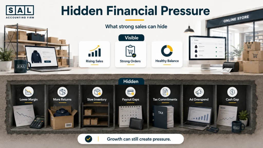 Strong ecommerce sales, order volume, and bank balances can hide shrinking margins, rising returns, slow inventory, tax commitments, and cash pressure.
