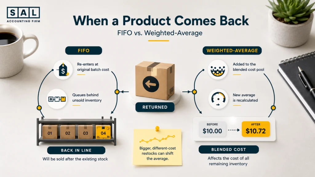 Diagram showing how a returned product is handled differently under FIFO, re-entering inventory at its original batch cost, versus weighted-average, where it drops into a blended cost pool that recalculates the average