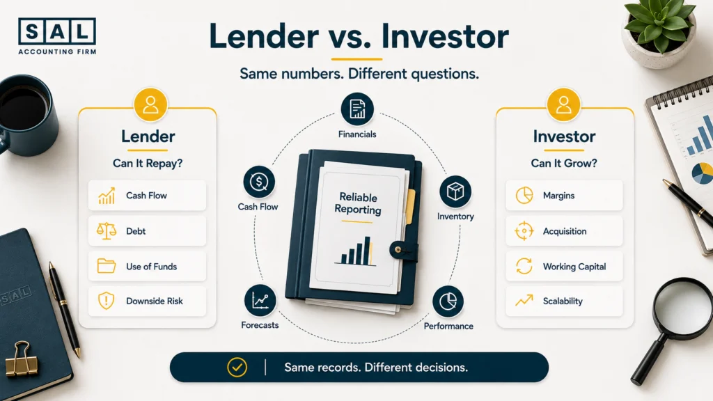 Lenders review ecommerce reports for repayment ability and risk, while investors focus on margins, growth, working capital, and scalability.