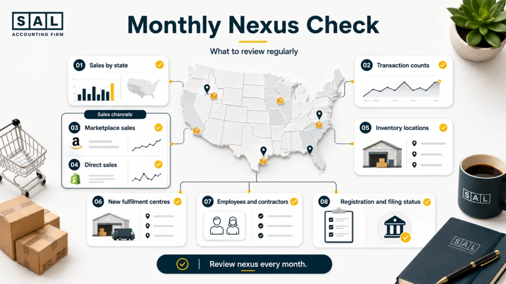 Monthly checklist for reviewing U.S. sales tax nexus, state sales, inventory locations, and filing status