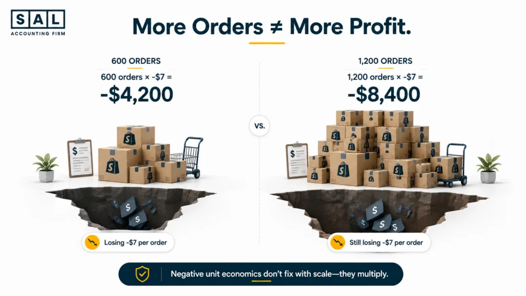 Negative ecommerce contribution margin example showing losses growing as monthly order volume increases