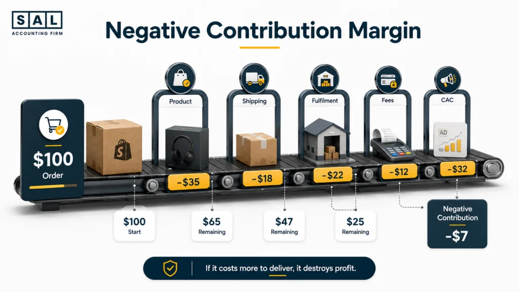Ecommerce order showing product costs, shipping, fulfilment, payment fees, and CAC reducing contribution margin below zero
