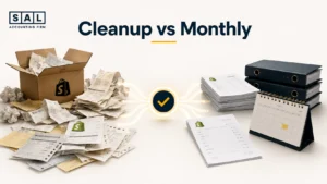 Shopify bookkeeping cleanup vs ongoing monthly bookkeeping visual showing messy historical books transitioning into clean monthly records