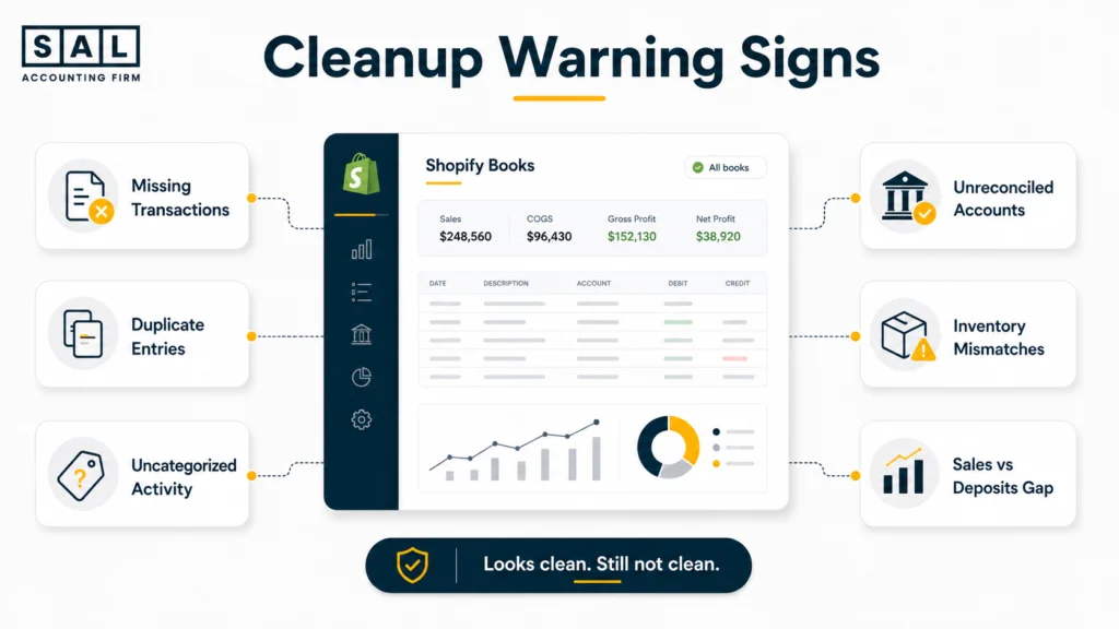 Warning signs that Shopify books need cleanup, including missing transactions, duplicates, uncategorized activity, unreconciled accounts, inventory mismatches, and sales-to-deposit gaps
