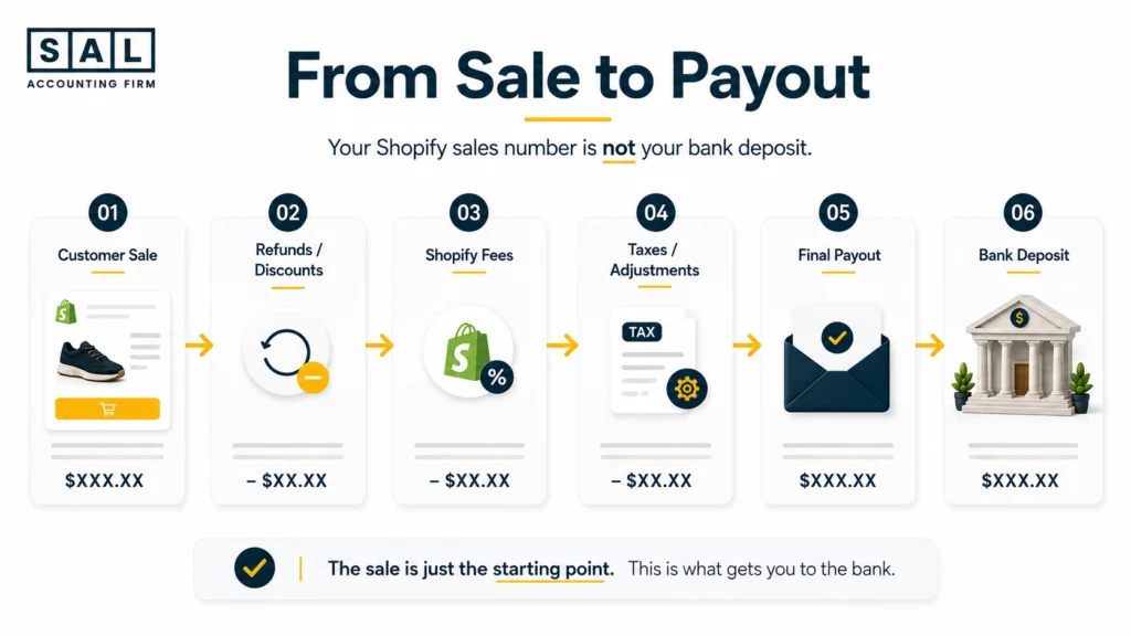 Shopify sales to bank payout flow showing sales, refunds, fees, adjustments, payout, and final bank deposit