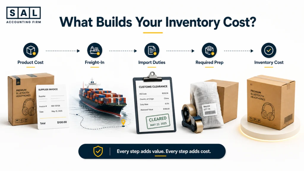 Ecommerce inventory cost breakdown including product cost, freight, duties, and preparation costs