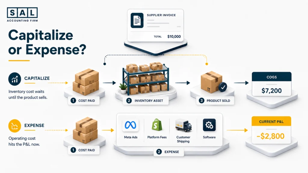 Ecommerce inventory capitalization flow showing capitalized inventory costs versus expenses