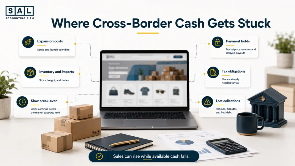 Six places cash gets stuck in cross-border ecommerce, including inventory, taxes, fees and payment holds.