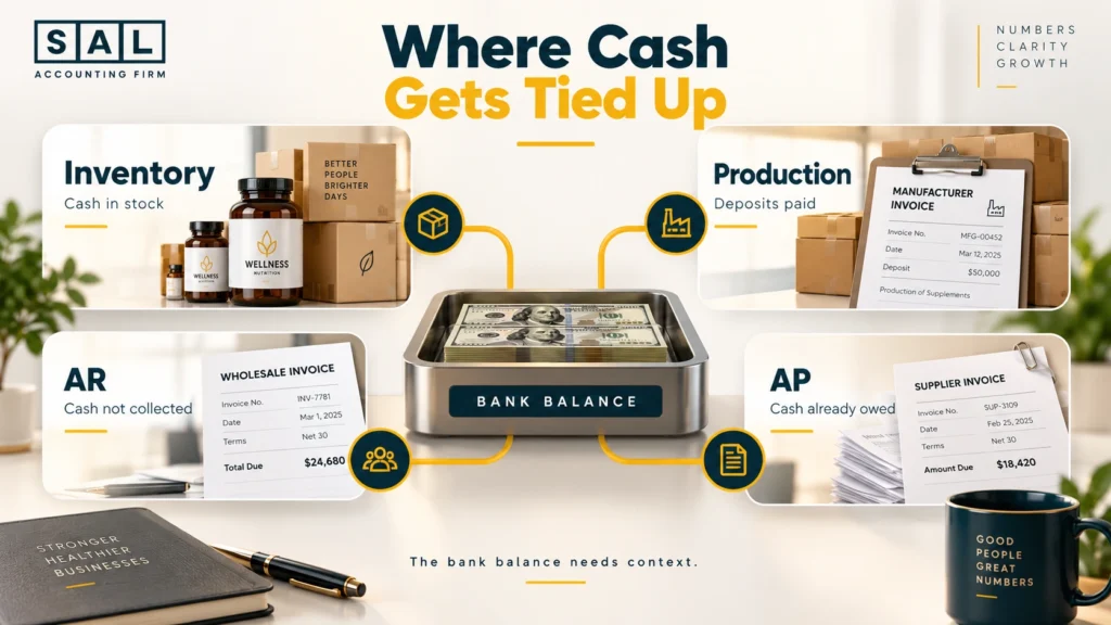 Common places cash gets tied up in a supplement ecommerce business, including inventory, production, receivables and payables
