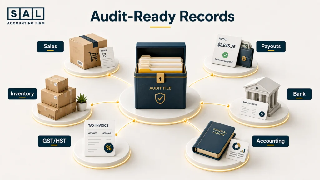 CRA audit records for ecommerce sellers including sales, payouts, bank activity, inventory, GST/HST, and accounting records