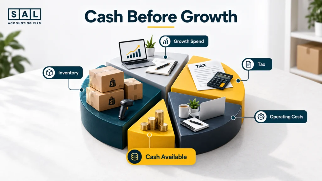 Ecommerce cash flow forecasting showing how inventory, tax, operating costs, and growth spending compete for available cash