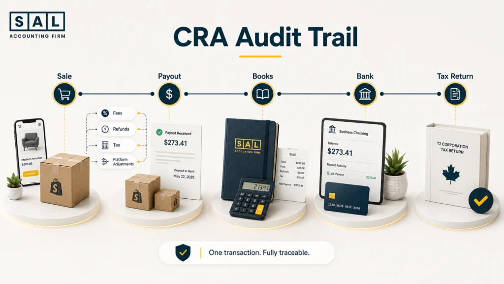 Ecommerce CRA audit trail connecting a sale to payout, accounting books, bank deposit, and tax return