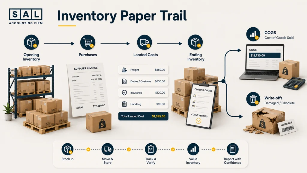 Ecommerce inventory and COGS audit trail showing opening inventory, purchases, landed costs, ending inventory, and COGS