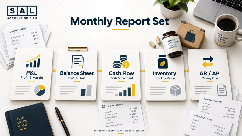 P&L, balance sheet, cash flow, inventory and AR/AP reports an online supplement business should review each month