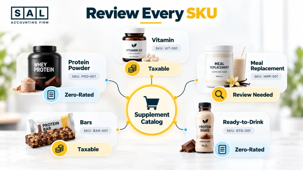 GST/HST SKU review infographic showing supplement product classification, tax categories, and review steps for ecommerce brands