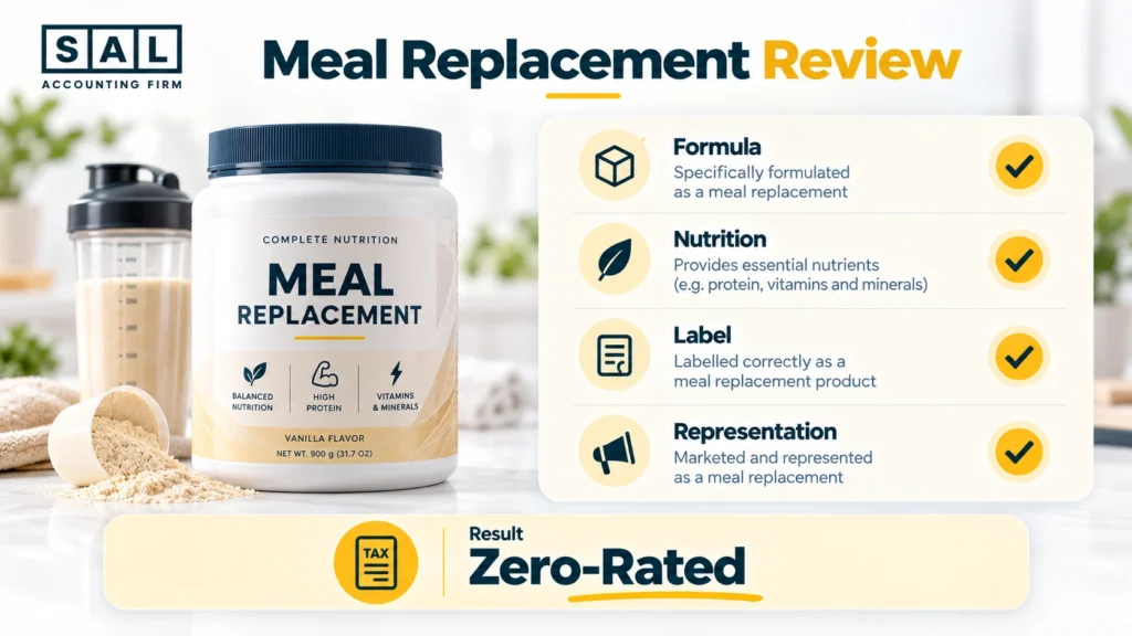 Meal replacement GST/HST infographic showing formula, nutrition, labelling, and representation requirements for zero-rated treatment