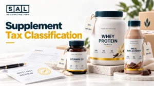 GST/HST tax classification infographic showing vitamins, protein powder, and meal replacement products sold by an online supplement store