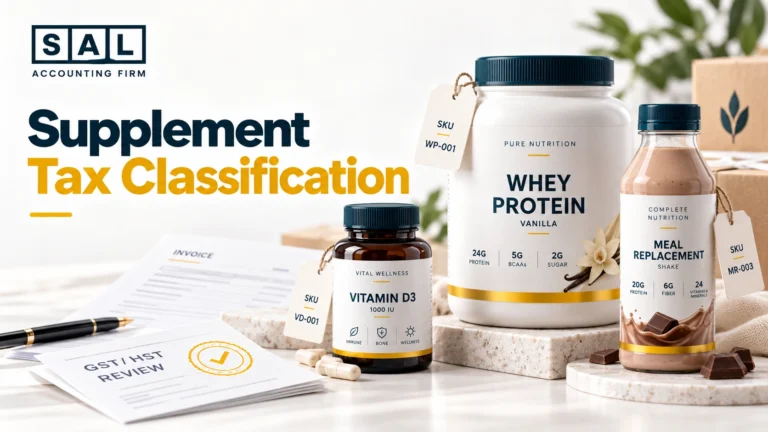 GST/HST tax classification infographic showing vitamins, protein powder, and meal replacement products sold by an online supplement store