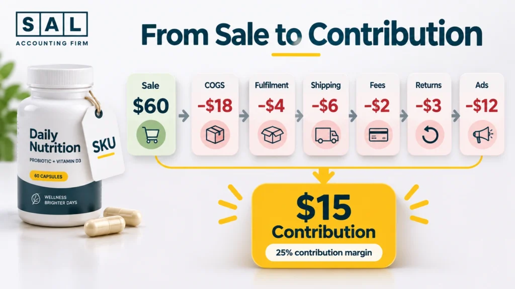 Supplement SKU profitability calculation showing a sale reduced by COGS, fulfilment, shipping, fees, returns, and advertising to contribution