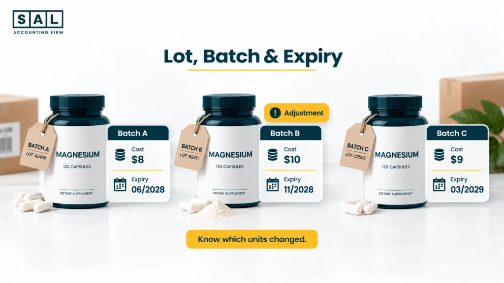 Supplement lot, batch, and expiry tracking showing different batch costs and expiry dates for the same SKU